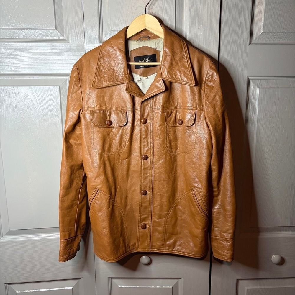 Vintage leather jacket  Size L western tan button front